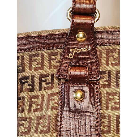 Fendi Western Zucchino Tote Shoulder Bag Brown Canvas and Leather Trim Vintage - Picture 3 of 15